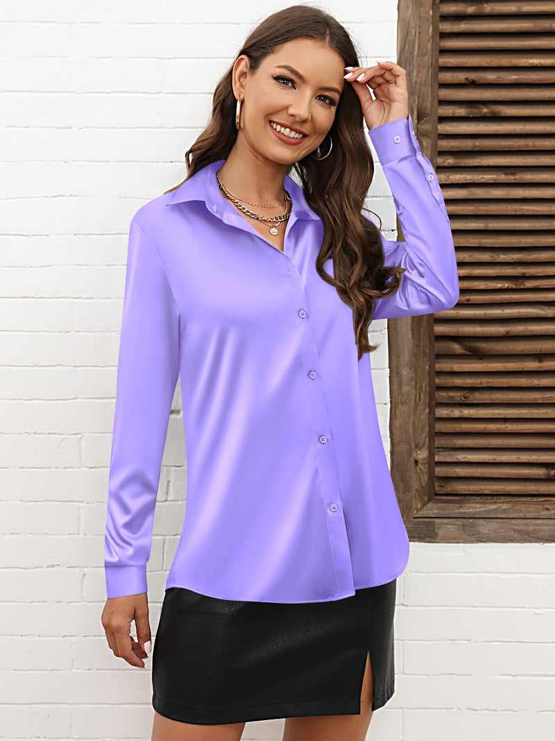 CUNLIN Womens Soft Satin Silk Button Down Shirts for Women Silky Long Sleeve Work Shirt Dress Blouses Tops Purple Size S - Image 2