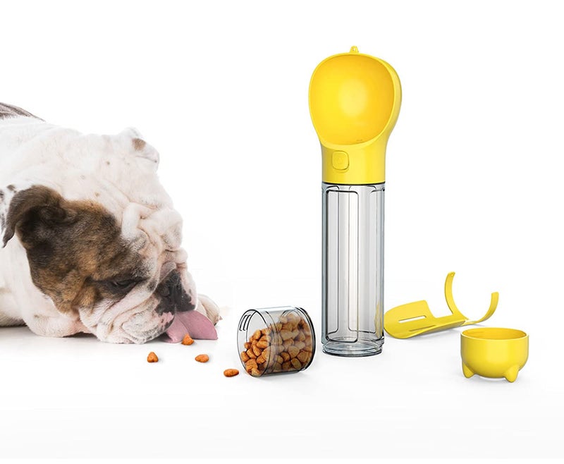 A+a Pets "’ Multifunctional 4in1 Dog Cat Water Bottle, Pet Portable Water Bottle with 500ML Water Tank, Food Storage, Poop Shovel & Poo Bag, Leak Proof Button Design, Lightweight & Portable for Travel, Camping (Yellow) " - Image 1