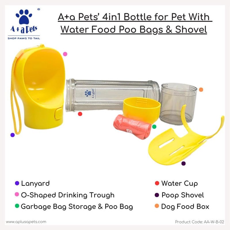A+a Pets "’ Multifunctional 4in1 Dog Cat Water Bottle, Pet Portable Water Bottle with 500ML Water Tank, Food Storage, Poop Shovel & Poo Bag, Leak Proof Button Design, Lightweight & Portable for Travel, Camping (Yellow) " - Image 2