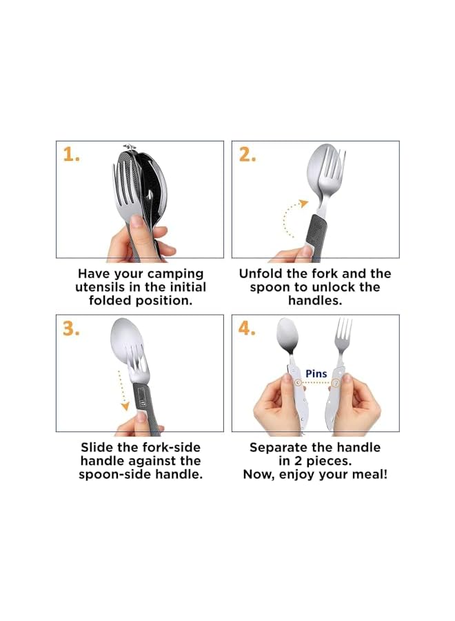 Orblue Folding Camping Utensils Cutlery Set, 2Pcs 4-In-1 Stainless Steel Spoon Fork Knife Bottle Opener Set Detachable Tableware Pocket Kits Backpacking Cutlery Multitool, For Camping, Travel - Image 2