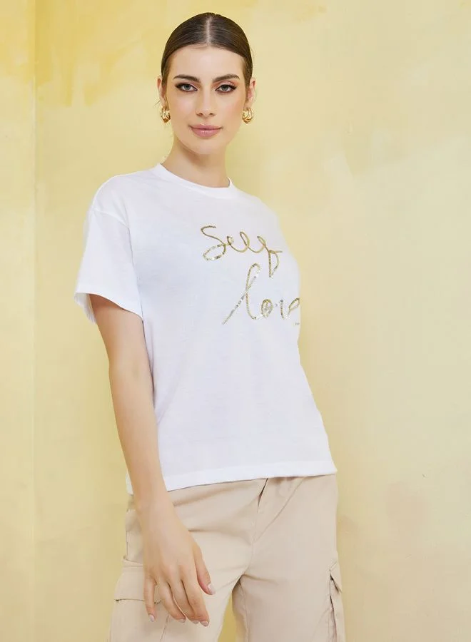 Styli Boxy Fit Self Love Sequin Slogan T-Shirt