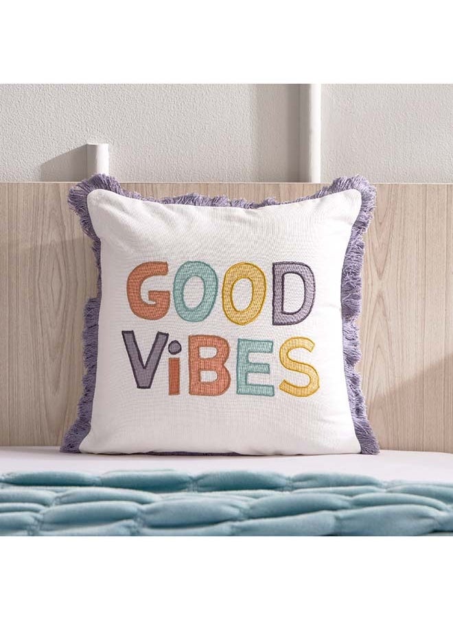 Home Box Playland Good Vibes Printed Embroidered Cotton Filled Cushion with Frill 40 x 40 cm  - Image 1