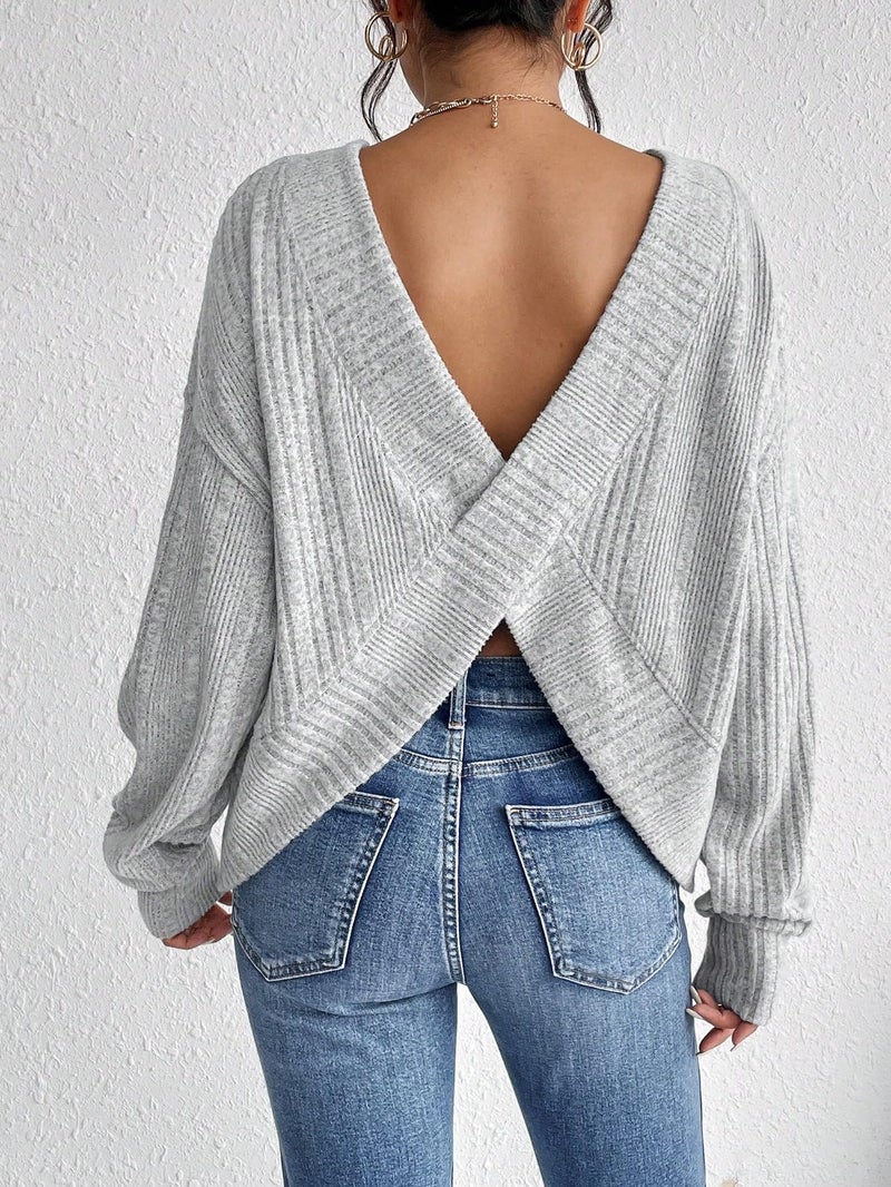 SweatyRocks Women's Criss Cross Round Neck Pullover Sweaters Long Sleeve Loose Cut Out Back Knit Tee Tops Backless Shirts Grey S - Image 5