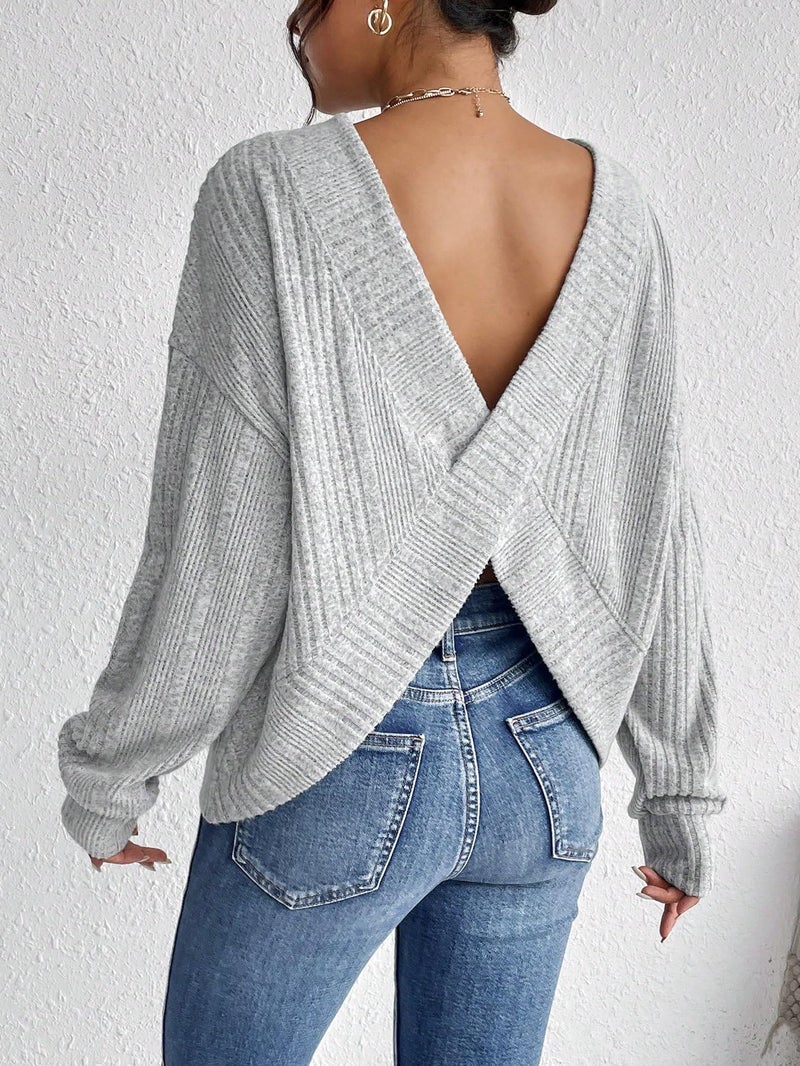 SweatyRocks Women's Criss Cross Round Neck Pullover Sweaters Long Sleeve Loose Cut Out Back Knit Tee Tops Backless Shirts Grey S - Image 3