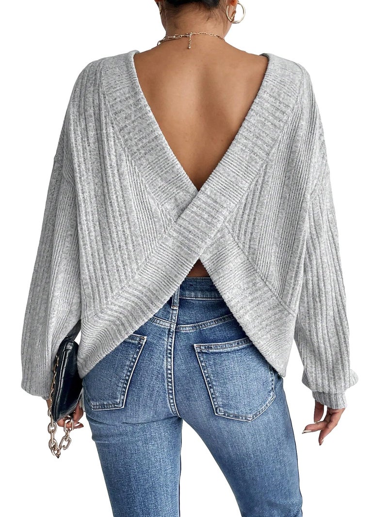 SweatyRocks Women's Criss Cross Round Neck Pullover Sweaters Long Sleeve Loose Cut Out Back Knit Tee Tops Backless Shirts Grey S - Image 1