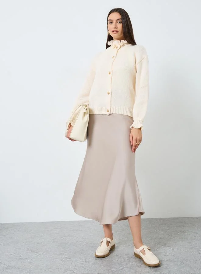 Take Two Take Two Cream Ruffled High Neck Knit Cardigan