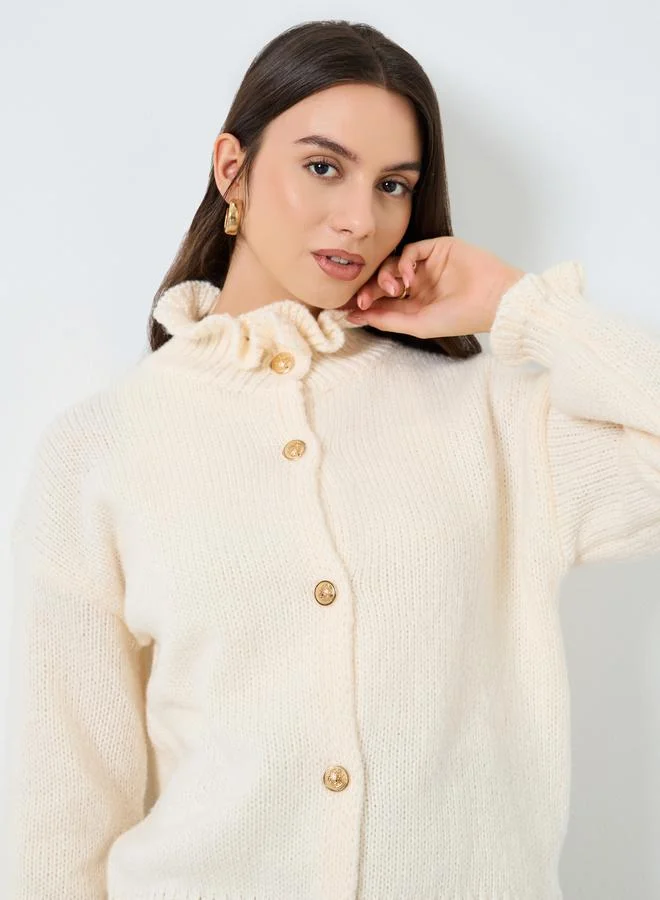 Take Two Cream Ruffled High Neck Knit Cardigan