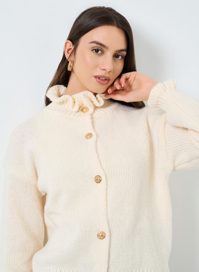 Take Two Cream Ruffled High Neck Knit Cardigan - Image 1