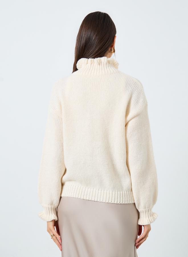 Take Two Cream Ruffled High Neck Knit Cardigan - Image 5