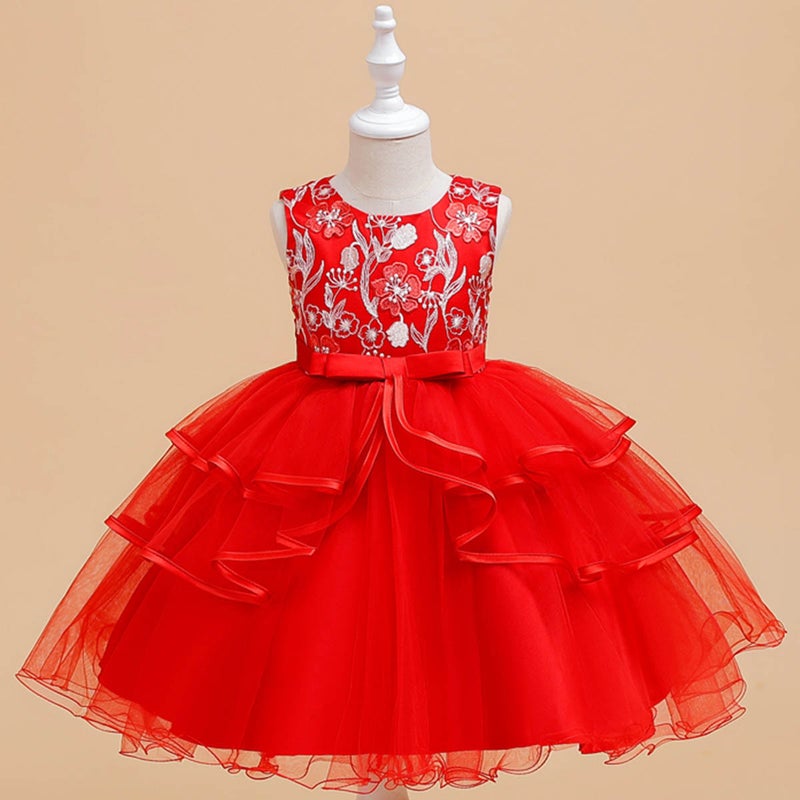 New Embroidered Girls Puffy Mesh Princess Dress Birthday Dinner Show Dress Factory Wholesale red