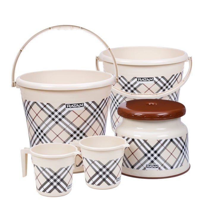 PACK OF 5 BATHROOM FULL SET COMBO 18L BUCKET X 2 1L MUG X 2 NOVA PATLA STOOL 107 X 1 BATH SETS FOR HOME KITCHEN FROSTY CHECKS PRINT BEIGE