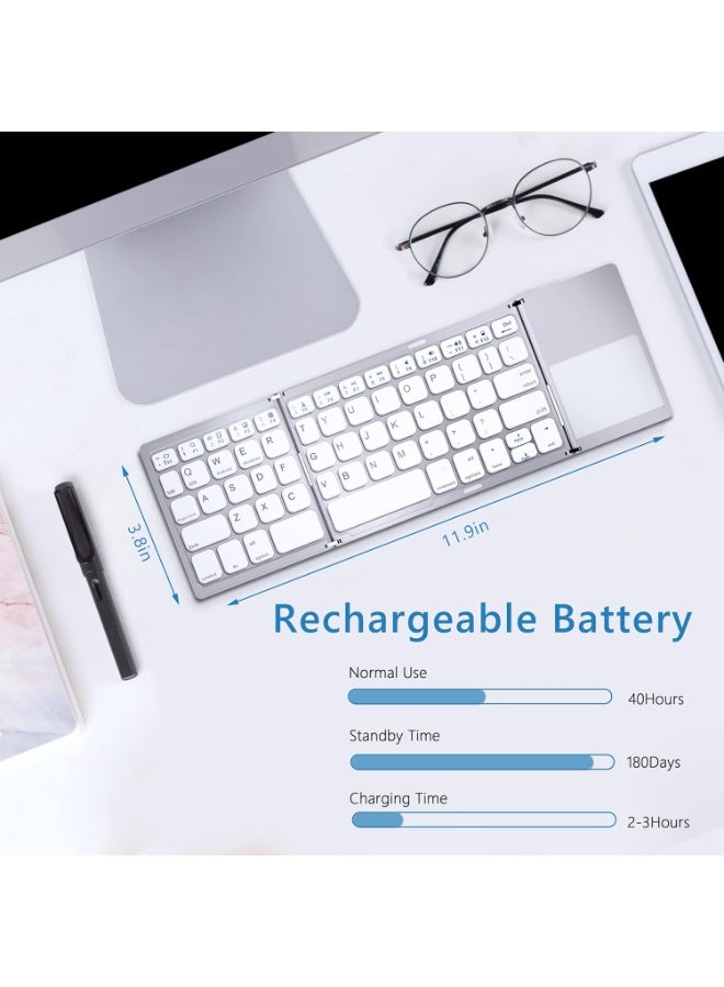 Foldable Bluetooth Keyboard with Touchpad - Portable Wireless Keyboard with Stand Holder, Rechargeable Full Size Ultra Slim Pocket Folding Keyboard for Android Windows IOS Tablet & Laptop-Silver - Image 2