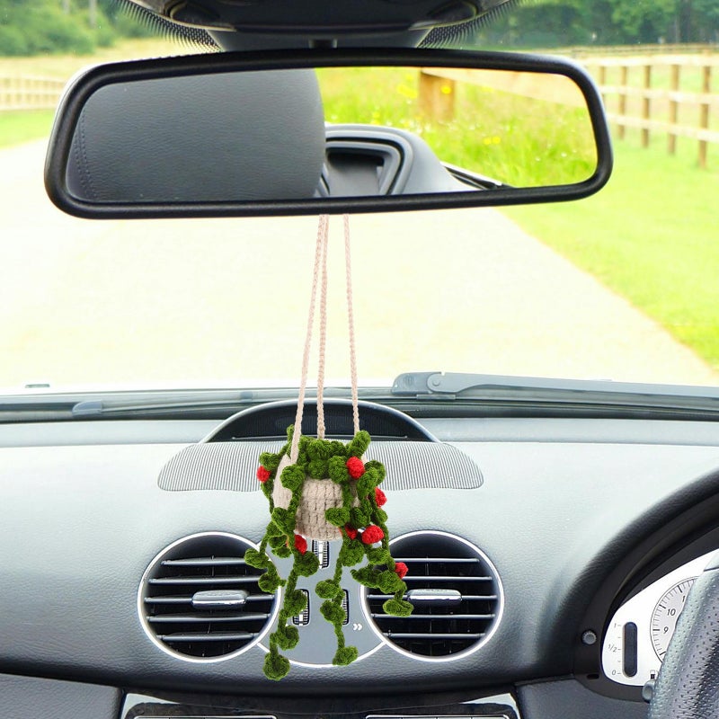 Crochet Car Hanging Ornament Crochet Potted Plant Decor Car Rear View Mirror Hanging Accessory - Image 3