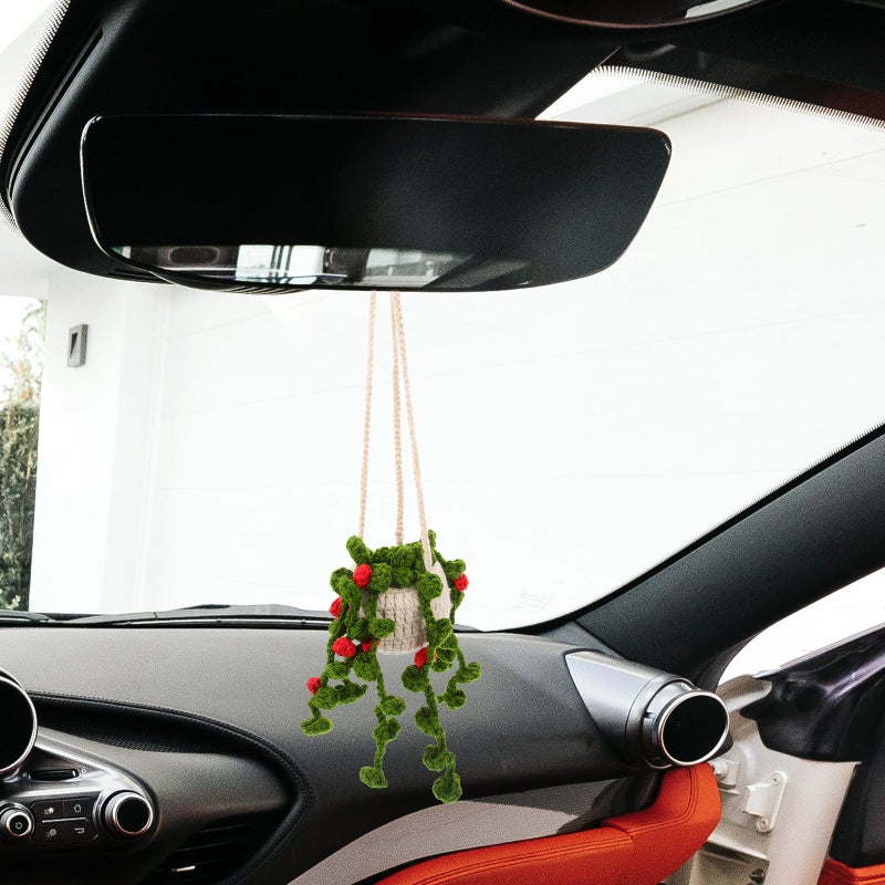 Crochet Car Hanging Ornament Crochet Potted Plant Decor Car Rear View Mirror Hanging Accessory - Image 5