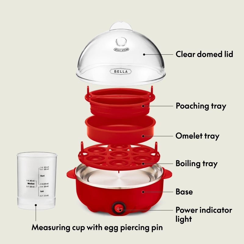 Bella BELLA Rapid Electric Egg Cooker and Poacher with Auto Shut Off for Omelet, Soft, Medium and Hard Boiled Eggs - 7 Egg Capacity Tray, Single Stack, Red  - Image 3