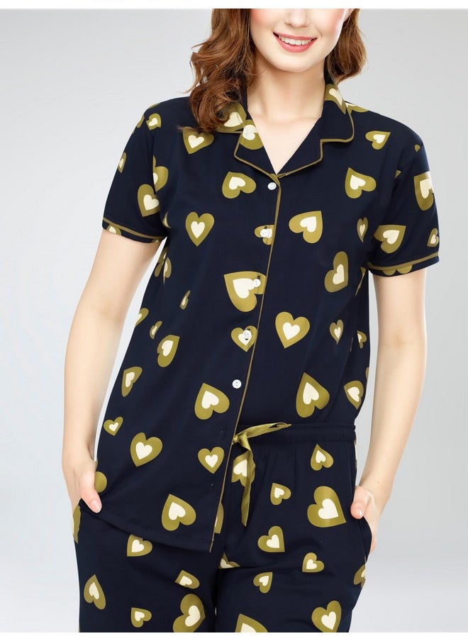 ZEYO - ZEYO Night Suit for Women's Musterd Green Heart Printed Cotton Night Dress of Shirt and Pajama Set 5753 - Image 1