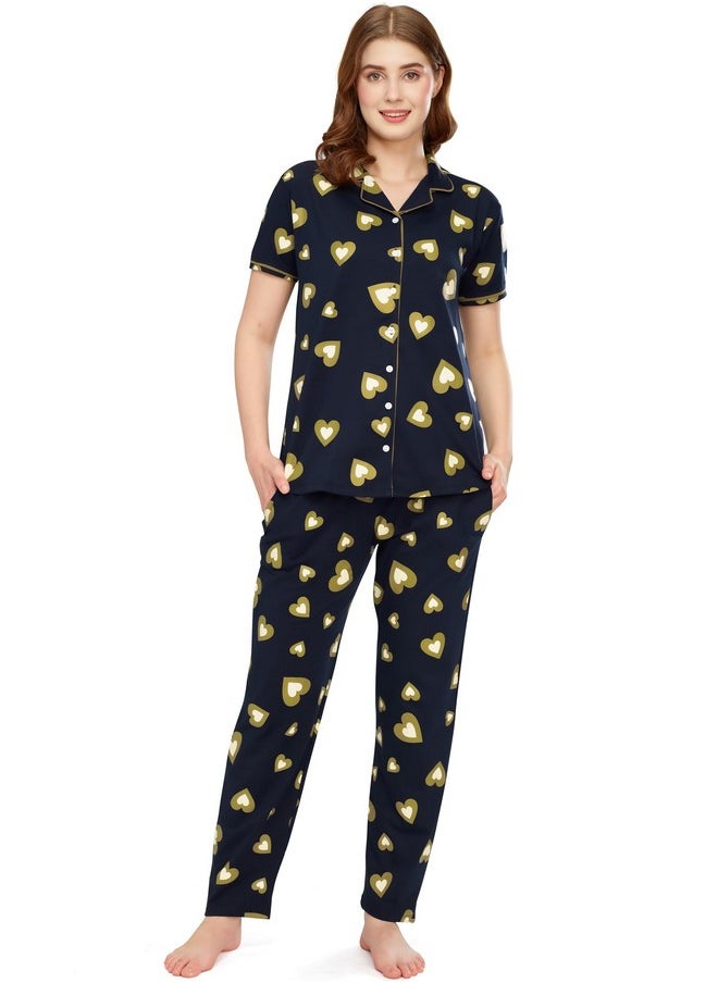 ZEYO - ZEYO Night Suit for Women's Musterd Green Heart Printed Cotton Night Dress of Shirt and Pajama Set 5753 - Image 1
