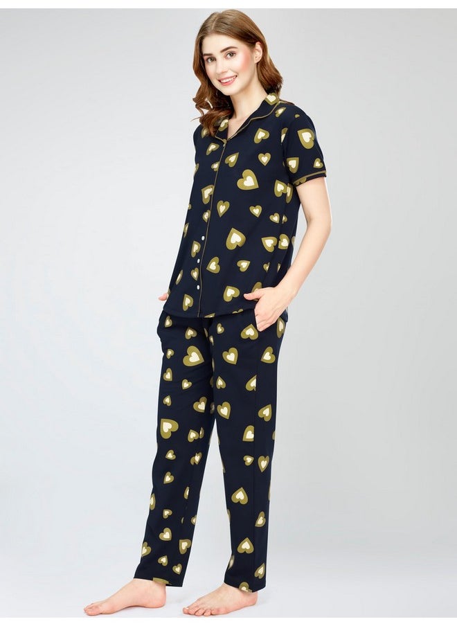ZEYO - ZEYO Night Suit for Women's Musterd Green Heart Printed Cotton Night Dress of Shirt and Pajama Set 5753 - Image 1