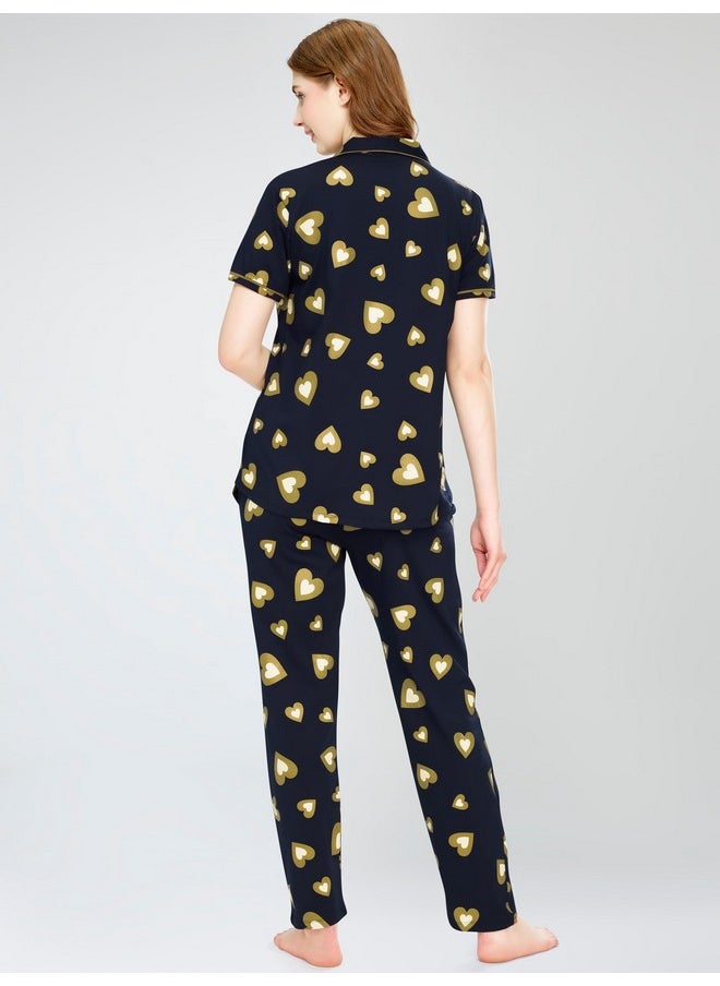 ZEYO - ZEYO Night Suit for Women's Musterd Green Heart Printed Cotton Night Dress of Shirt and Pajama Set 5753 - Image 1