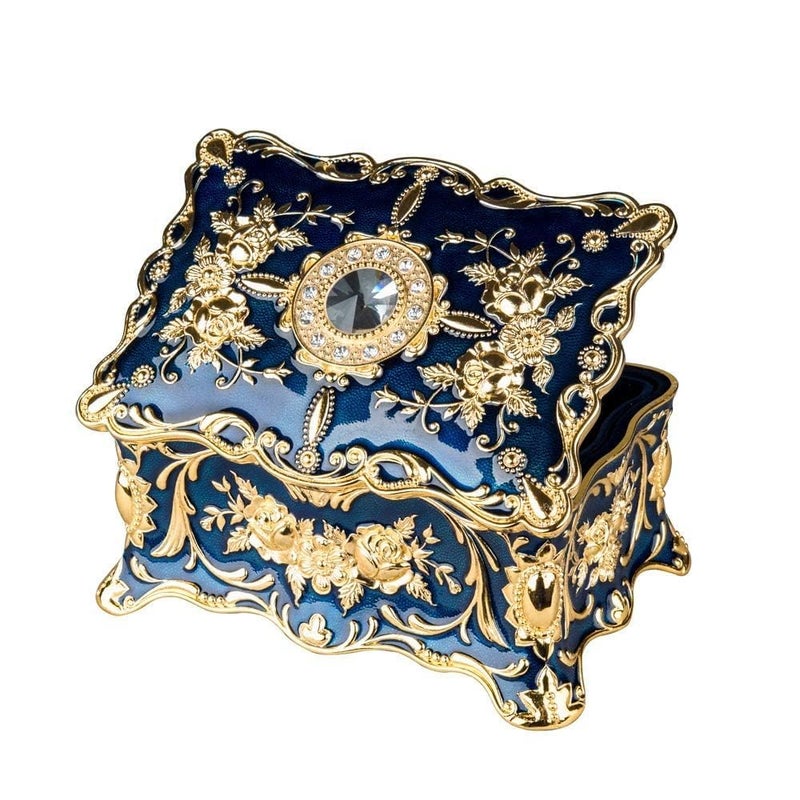 Feyarl Vintage Two Layers Rectangle Trinket Jewelry Box Ornate Ring Earrings Treasure Case Keepsake Box Organizer for Birthday Woman Girl Gift Home Dresser Decor (Blue) 7.1 x 4.7 x 3.1 inches - Image 1