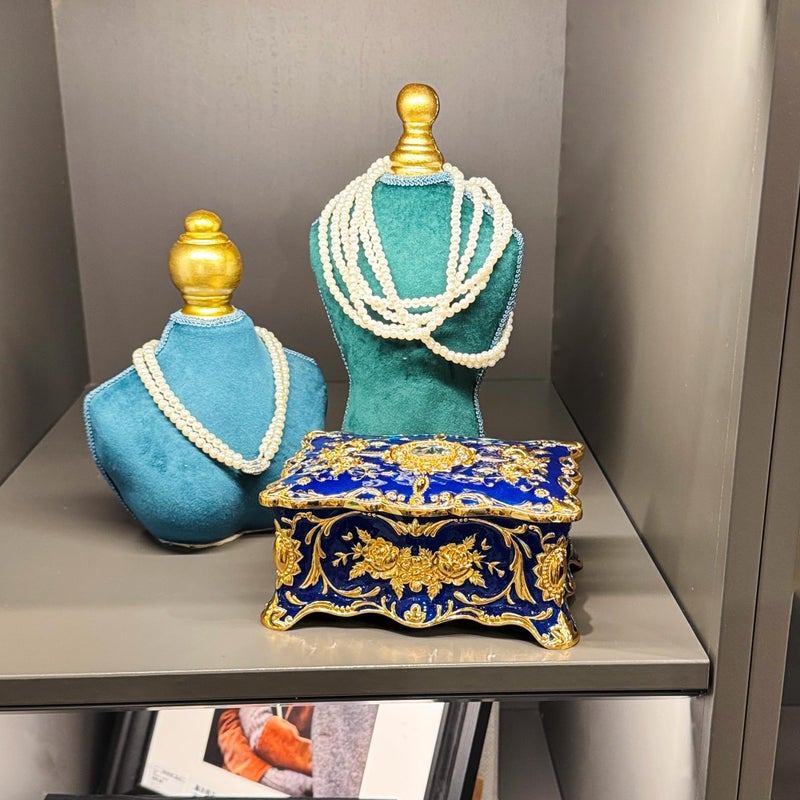 Feyarl Vintage Two Layers Rectangle Trinket Jewelry Box Ornate Ring Earrings Treasure Case Keepsake Box Organizer for Birthday Woman Girl Gift Home Dresser Decor (Blue) 7.1 x 4.7 x 3.1 inches - Image 4