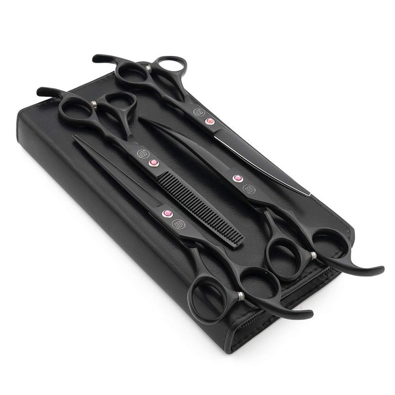 Moontay Professional 70 Dog Grooming Scissors Set 4pieces Straight Upward Curved Downward Curved ThinningBlending Shears for Dog Cat and Pets JP Stainless Steel Black