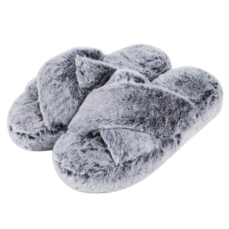 DL Fluffy Womens House Slippers - Cross Band Open Toe, Soft Plush Fleece Bedroom Slippers With Memory Foam, Comfy Fuzzy Slip On Non-Slip Indoor Pink Gray Black White - Image 1