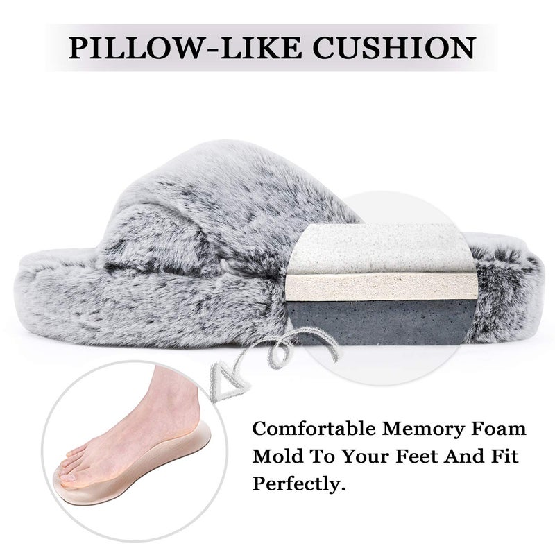 DL Fluffy Womens House Slippers - Cross Band Open Toe, Soft Plush Fleece Bedroom Slippers With Memory Foam, Comfy Fuzzy Slip On Non-Slip Indoor Pink Gray Black White - Image 4