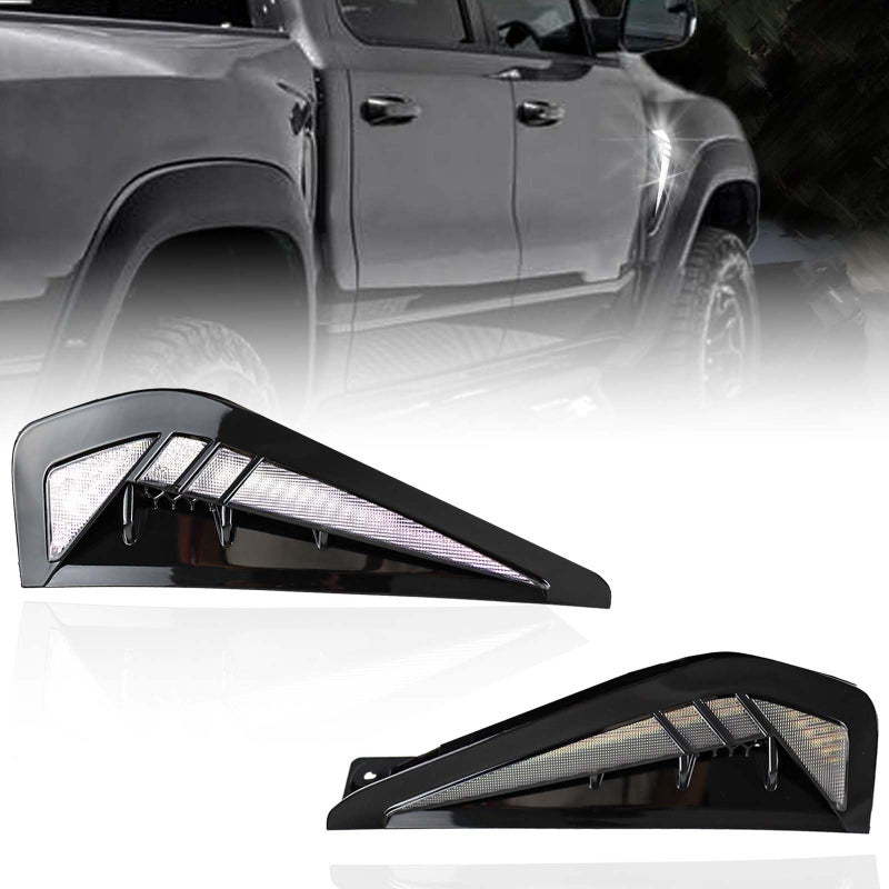 GEEGEETOP 2pc LED Front Fender Hood Bonnet Side Marker Light Amber Sequential Turn Signal LightWhite DRL Lamp Compatible with Dodge RAM TRX 2021 2022 2023 2024 Pickup Truck