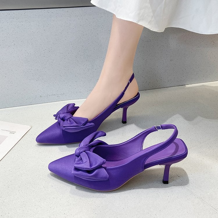 Baotou Sandals Women''s Sandals High Heels Bow Pointed Toe Shallow Mouth Thin Heel Back Strap Shoes Women - Image 5
