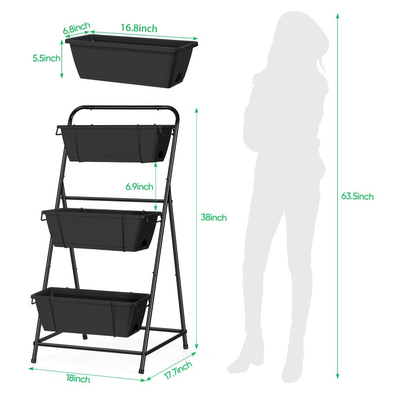 BTY Raised Garden Bed 3 Tier Vertical Garden Planter Elevated Planter Boxes Outdoor Herb Planter with Drainage Holes Removable Tray for Patio Balcony Porch Black - Image 2