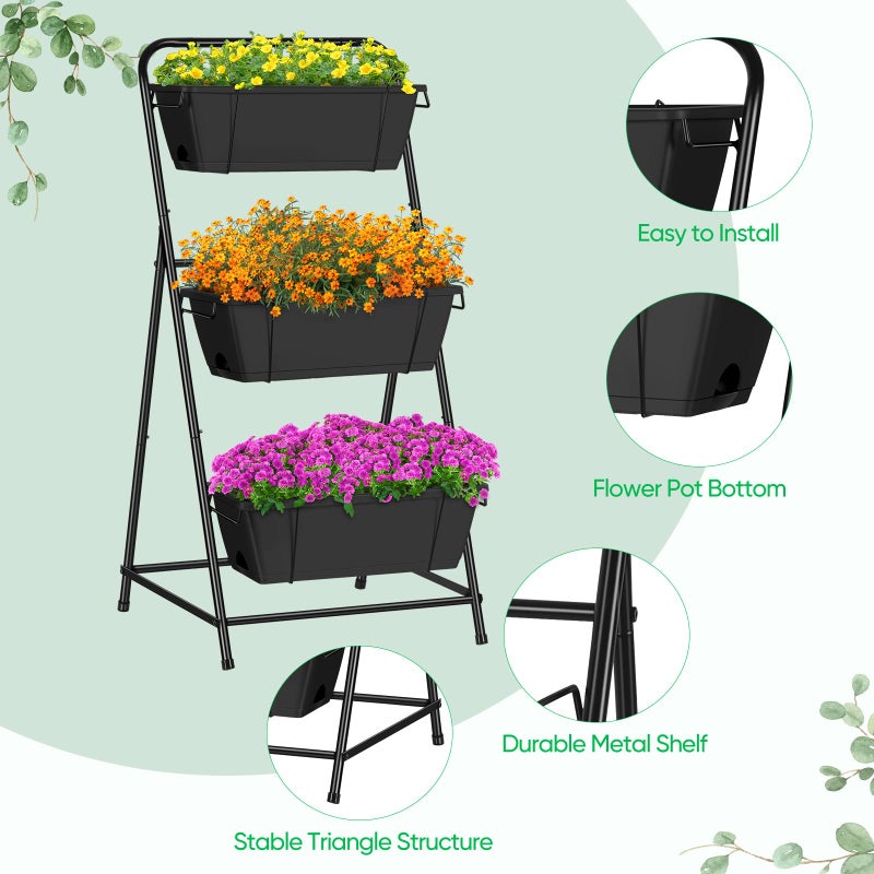 BTY Raised Garden Bed 3 Tier Vertical Garden Planter Elevated Planter Boxes Outdoor Herb Planter with Drainage Holes Removable Tray for Patio Balcony Porch Black - Image 4