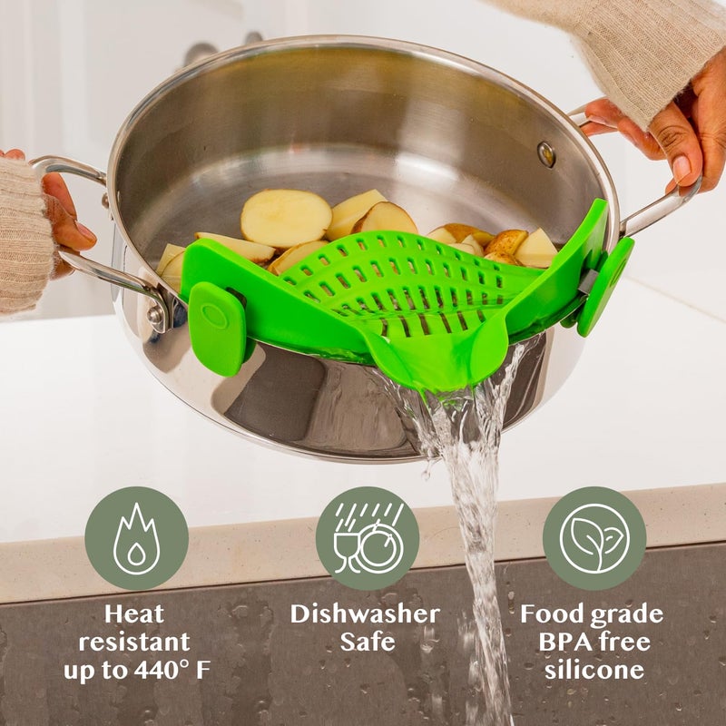 Kitchen Gizmo Snap N' Strain Clip On Strainer for Pots and Pans - Collapsible Silicone Pasta Strainer and Kitchen Gadget for Cooking - Easy to Use, Heat Resistant and Space Saving Colander - Green - Image 5