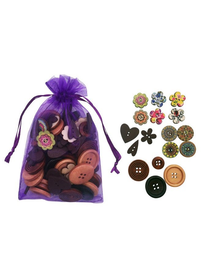 T-shin Wooden Buttons,Mixed Pattern Flower Button,Decorative Button,Round 2 Holes 4 Holes for Sewing Crafting 15-25MM 50 Pack(Multicolored-Mix) - Image 2
