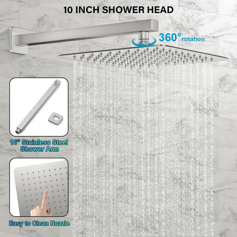 FPXRNG Shower Faucet Set Bathroom Square Rain Shower Head and Handle Set, Wall Mounted Shower Fixtures, Full Metal Trim Repair Kit 10 inch Brushed Nickel (With Shower Valve) - Image 4