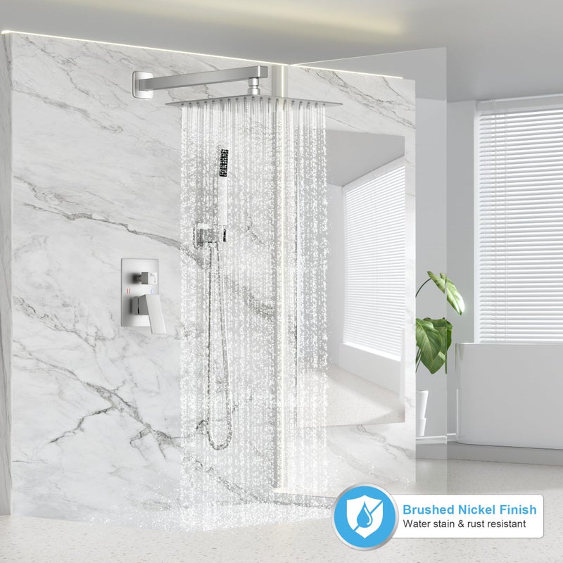 FPXRNG Shower Faucet Set Bathroom Square Rain Shower Head and Handle Set, Wall Mounted Shower Fixtures, Full Metal Trim Repair Kit 10 inch Brushed Nickel (With Shower Valve) - Image 2