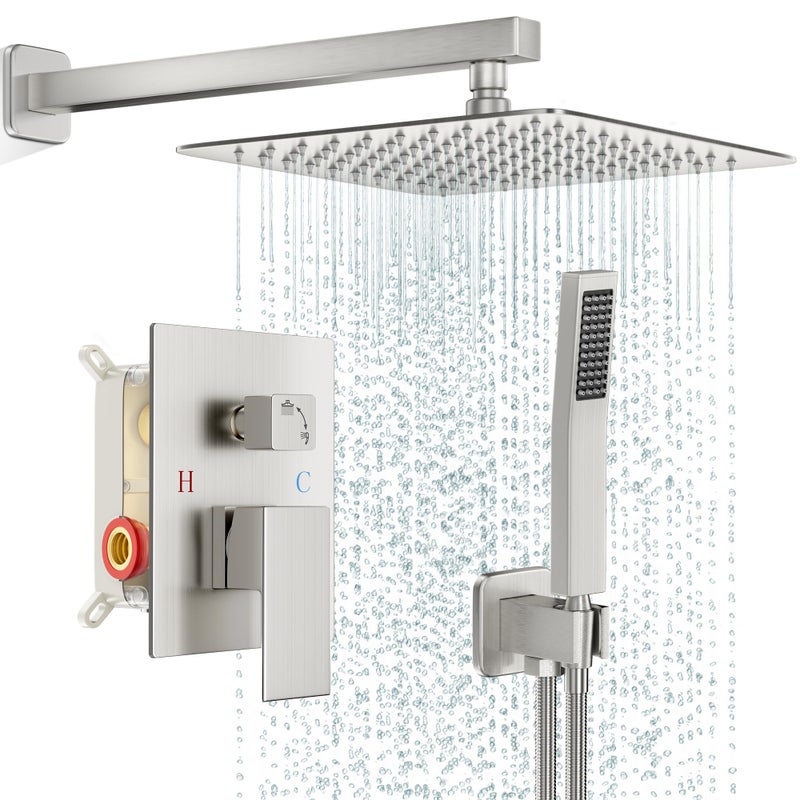 FPXRNG Shower Faucet Set Bathroom Square Rain Shower Head and Handle Set, Wall Mounted Shower Fixtures, Full Metal Trim Repair Kit 10 inch Brushed Nickel (With Shower Valve) - Image 1