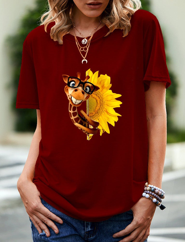 wish independent station giraffe pattern printed short sleeve t-shirt for women - Image 1