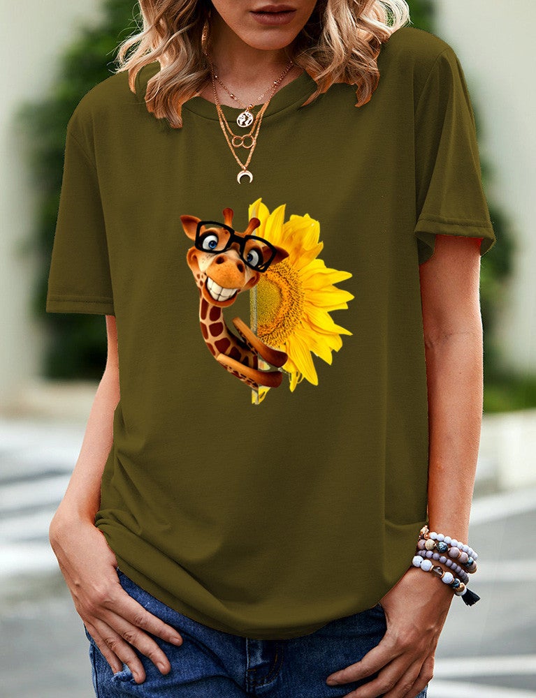 wish independent station giraffe pattern printed short sleeve t-shirt for women - Image 3