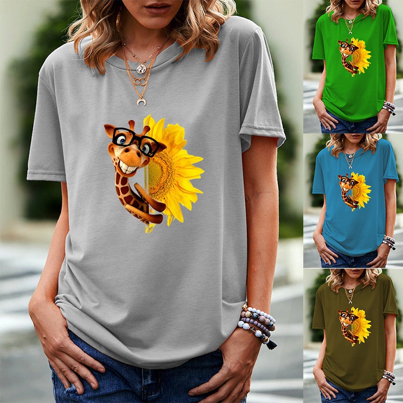 wish independent station giraffe pattern printed short sleeve t-shirt for women - Image 2