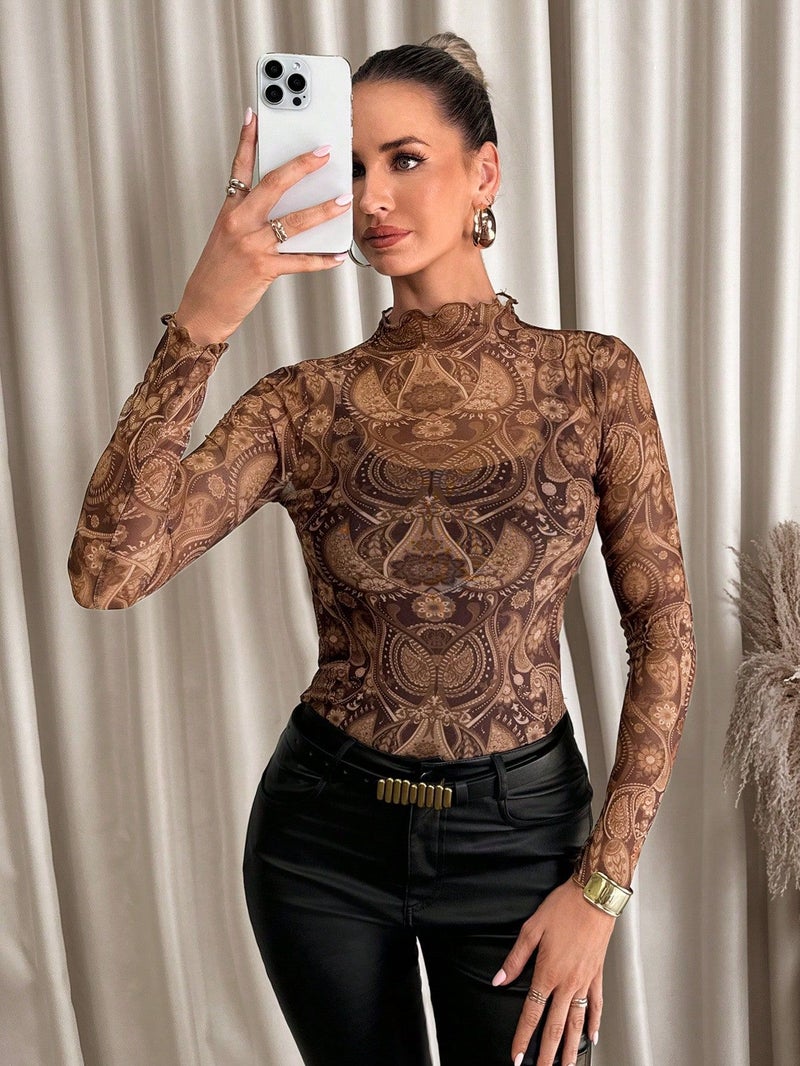 بدلة علوية من شبكة بطبعة نمر جذابة مع زركشة كشكش - Image 5