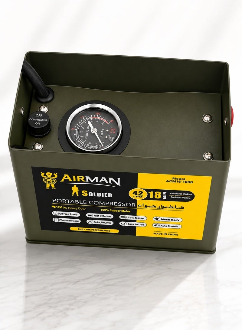 AIRMAN Soldier Portable Air Compressor 12V DC Tire Inflator AC-1C1030S Metal Air Pump 100 PSI 35L/Min Heavy Duty Tyre Inflator with Pressure Gauge On Off Switch Storage Box 3 Inflation Nozzles for Car SUV Motorcycle Bicycle Ball - Image 1