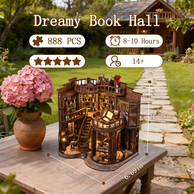 OZJAY Book Nook Kit - DIY Miniature House Kit for Bookshelf, Miniature Kit for Adults, Booknook Tiny House Decor 3D Wooden Puzzle, Craft Kits for Family Friends Birthday Christmas, Dreamy Book Hall - Image 3