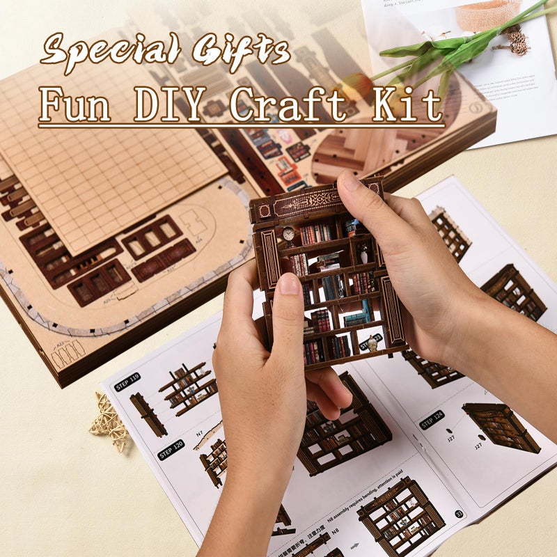 OZJAY Book Nook Kit - DIY Miniature House Kit for Bookshelf, Miniature Kit for Adults, Booknook Tiny House Decor 3D Wooden Puzzle, Craft Kits for Family Friends Birthday Christmas, Dreamy Book Hall - Image 4