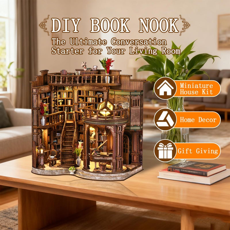 OZJAY Book Nook Kit - DIY Miniature House Kit for Bookshelf, Miniature Kit for Adults, Booknook Tiny House Decor 3D Wooden Puzzle, Craft Kits for Family Friends Birthday Christmas, Dreamy Book Hall - Image 2