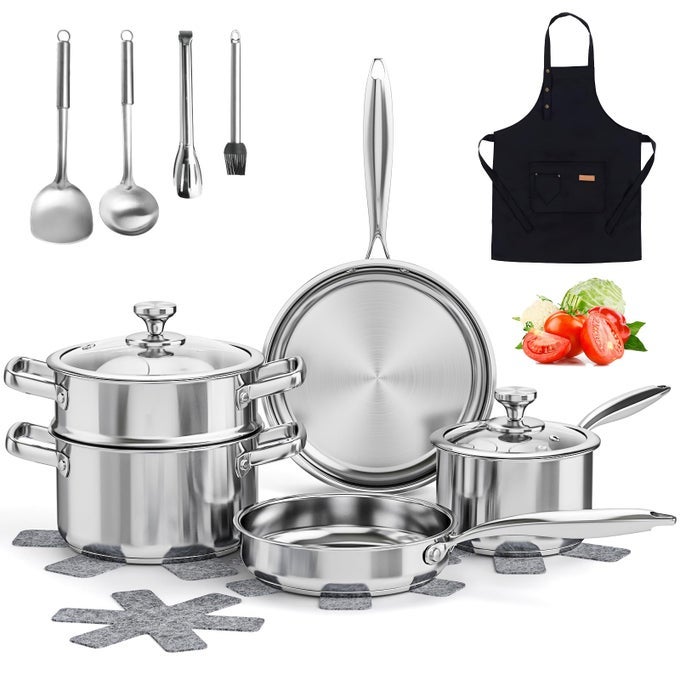 STAINLESS STEEL COOKWARE SET 16PIECE POTS AND PANS SET NON TOXIC KITCHEN INDUCTION COOKWARE WITH GLASS LIDS STEAMER UTENSIL SETS POT PROTECTORS APRON OVEN DISHWASHER SAFE SILVER