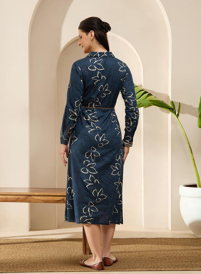 Globus Blue Cotton Floral Midi Dress with Shirt Collar and Tie-Up Belt - Image 3