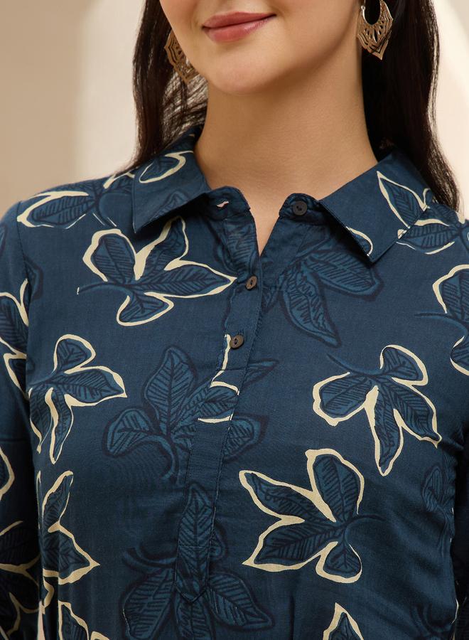 Globus Blue Cotton Floral Midi Dress with Shirt Collar and Tie-Up Belt - Image 4