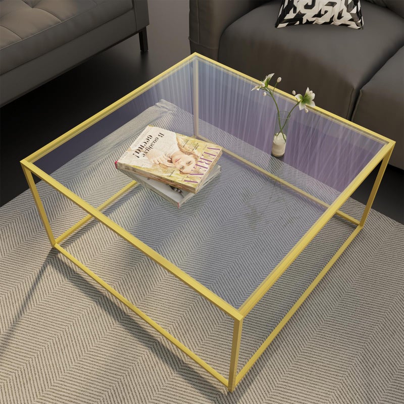 Glass Coffee Table Modern Center TableMinimalist Coffee Table Sofa Side Tea Table for Living RoomTempered Glasstop with Sturdy Metal Frame Easy Assembly264 x 264 x 157 Inches Gold