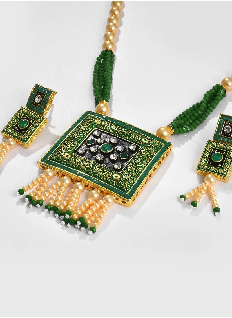 سوهي Green Pearl-Studded & Beaded Square Jewellery Set